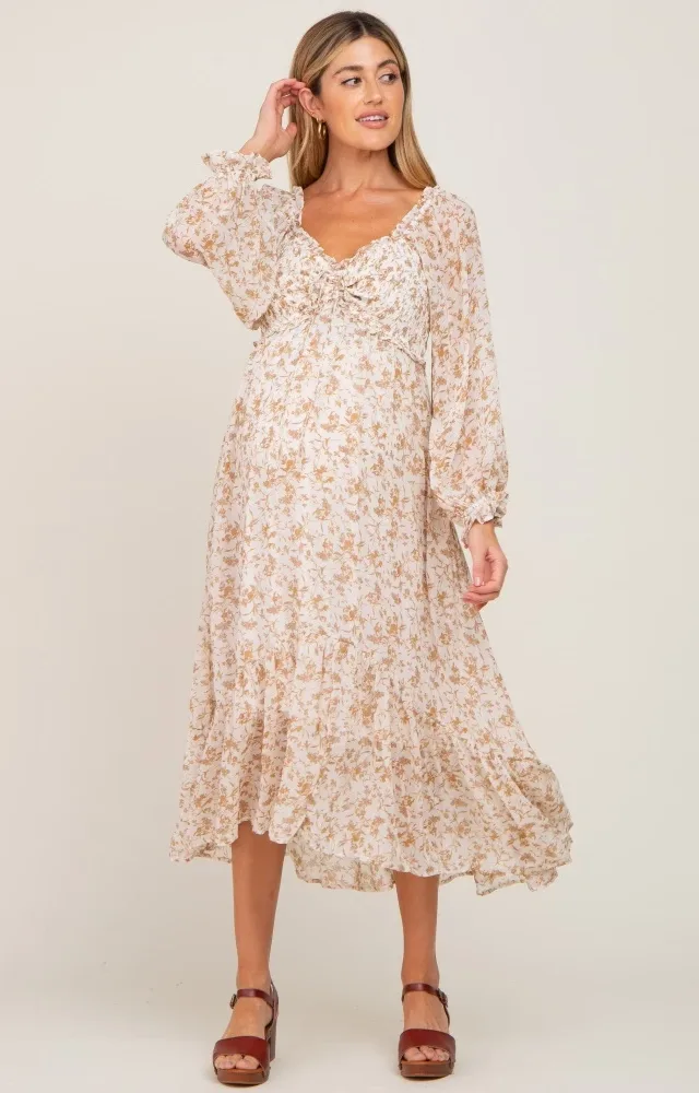 Ivory Floral Chiffon Ruffle Maternity Maxi Dress