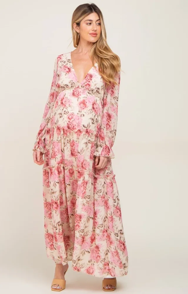 Ivory Floral Chiffon Ruffle Tiered Maternity Maxi Dress