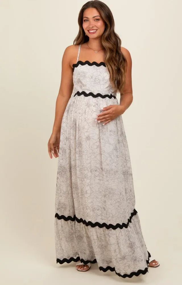 Ivory Floral Contrast Trim Maternity Maxi Dress