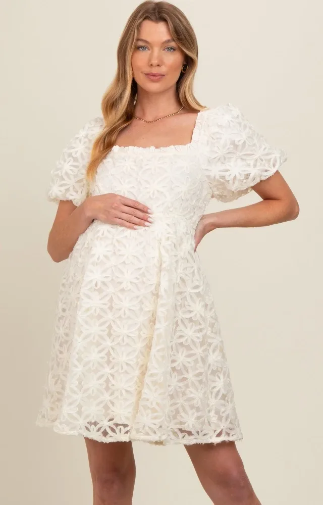 Ivory Floral Mesh Lace Puff Sleeve Maternity Dress