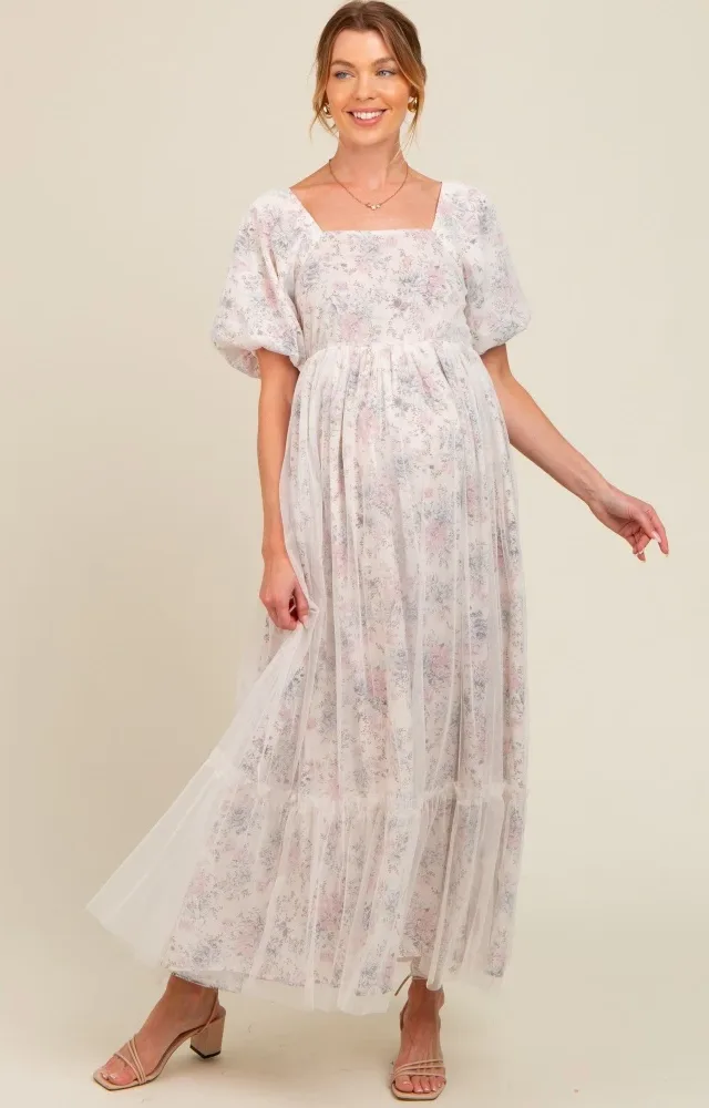 Ivory Floral Mesh Overlay Maternity Maxi Dress