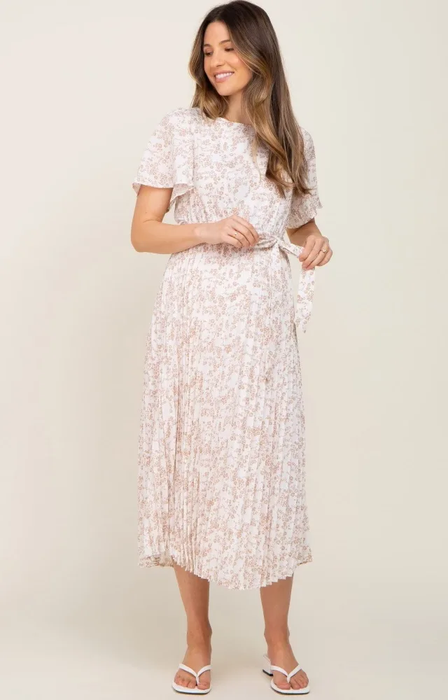 Ivory Floral Pleated Maternity Midi Dress