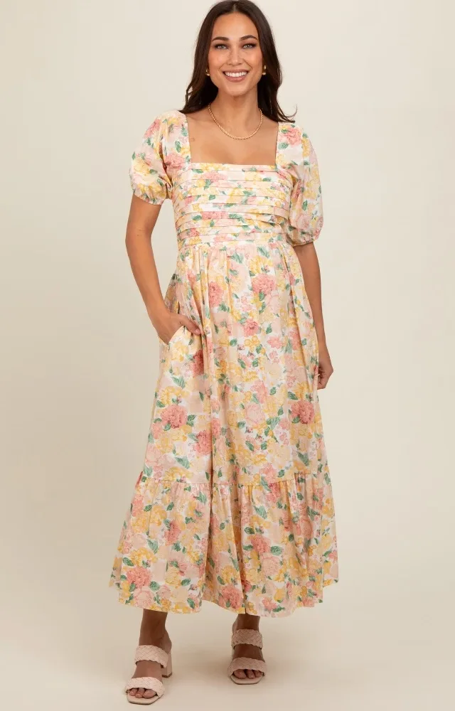 Ivory Floral Pleated Puff Sleeve Maternity Midi Dress