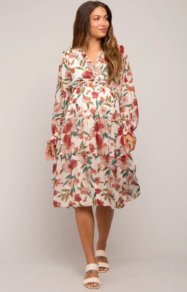 Ivory Floral Ruffle V-Neck Maternity Dress