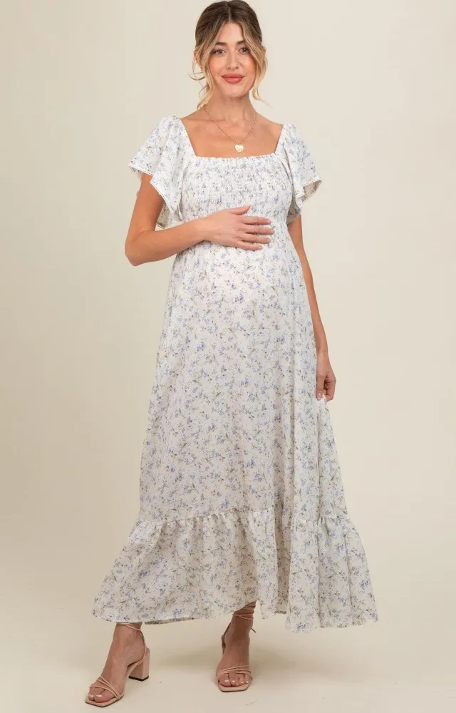 Ivory Floral Smocked Crochet Trim Maternity Dress