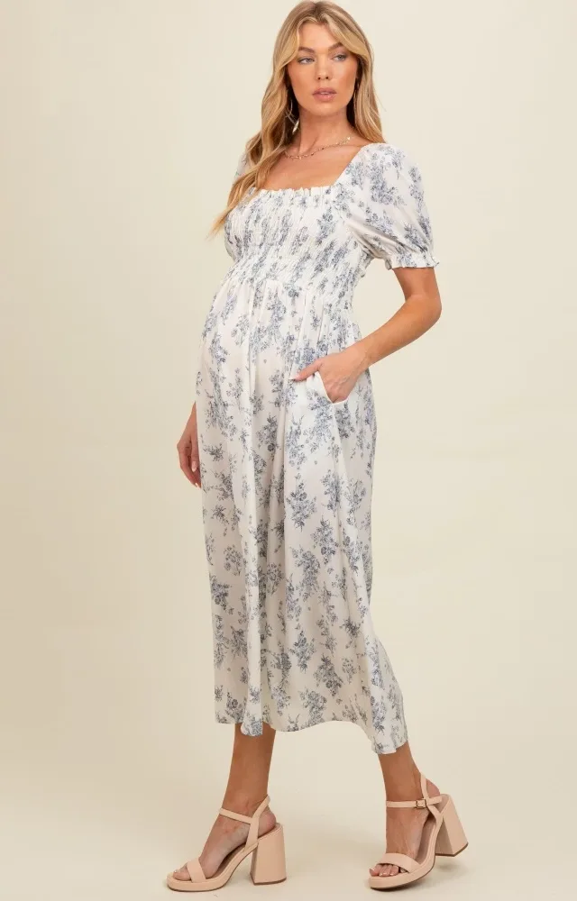 Ivory Floral Smocked Sweetheart Neckline Maternity Midi Dress