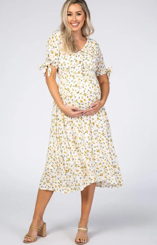 Ivory Floral Tie Sleeve Maternity Midi Dress