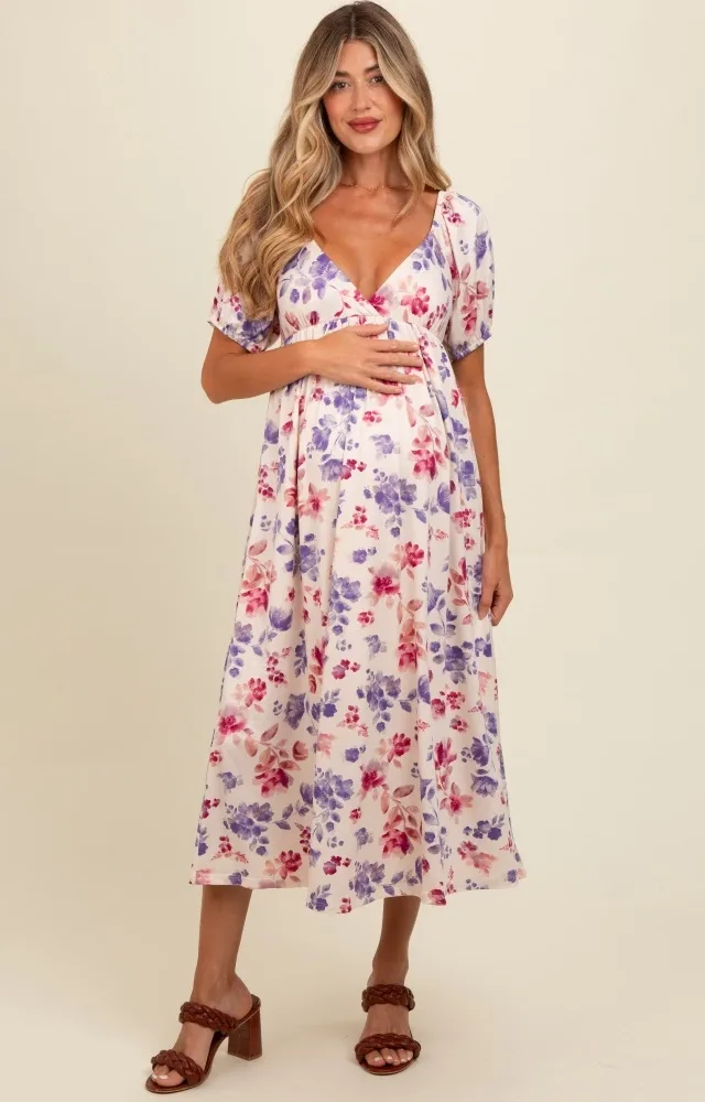 Ivory Floral V-Neck Maternity Midi Dress