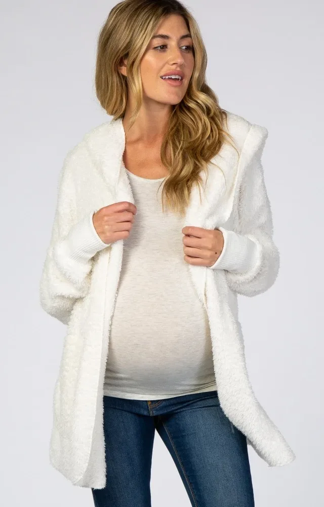 Ivory Fuzzy Hooded Maternity Jacket