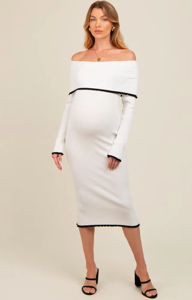 Ivory Knit Off Shoulder Contrast Ruffle Trim Maternity Dress