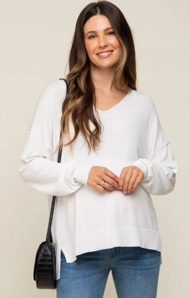 Ivory Knit V-Neck Long Sleeve Maternity Top