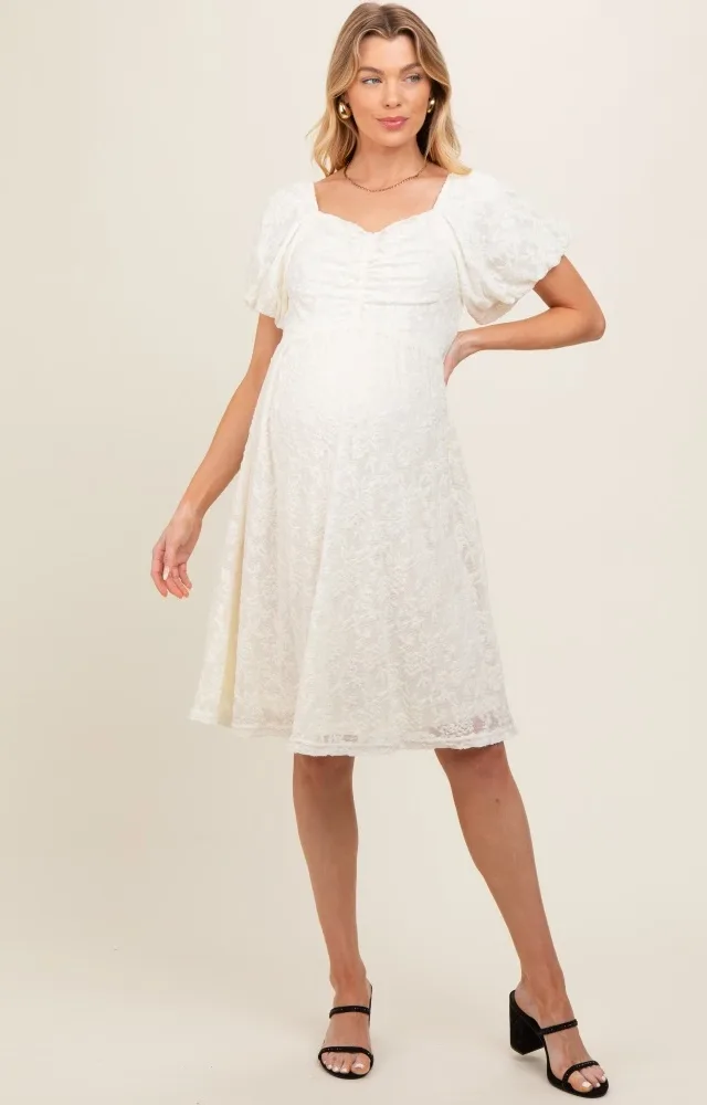 Ivory Lace Puff Sleeve Maternity Dress