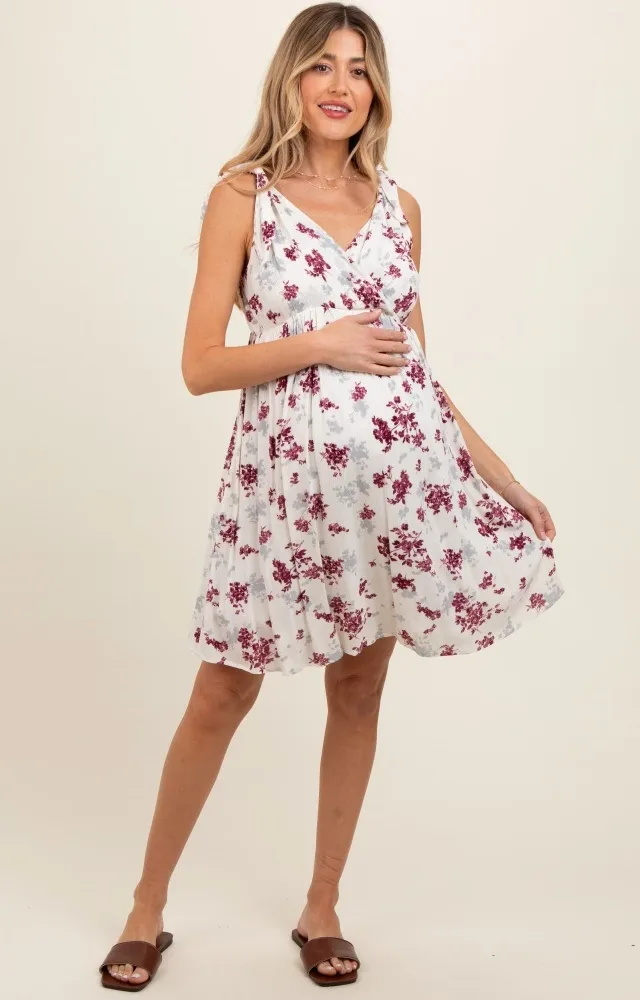 Ivory Mauve Floral Knotted Wrap V-Neck Maternity Dress