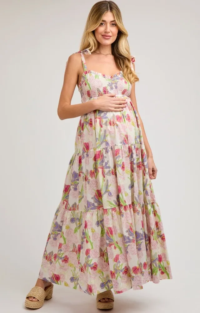 Ivory Multi-Color Floral Smocked Tiered Maternity Maxi Dress