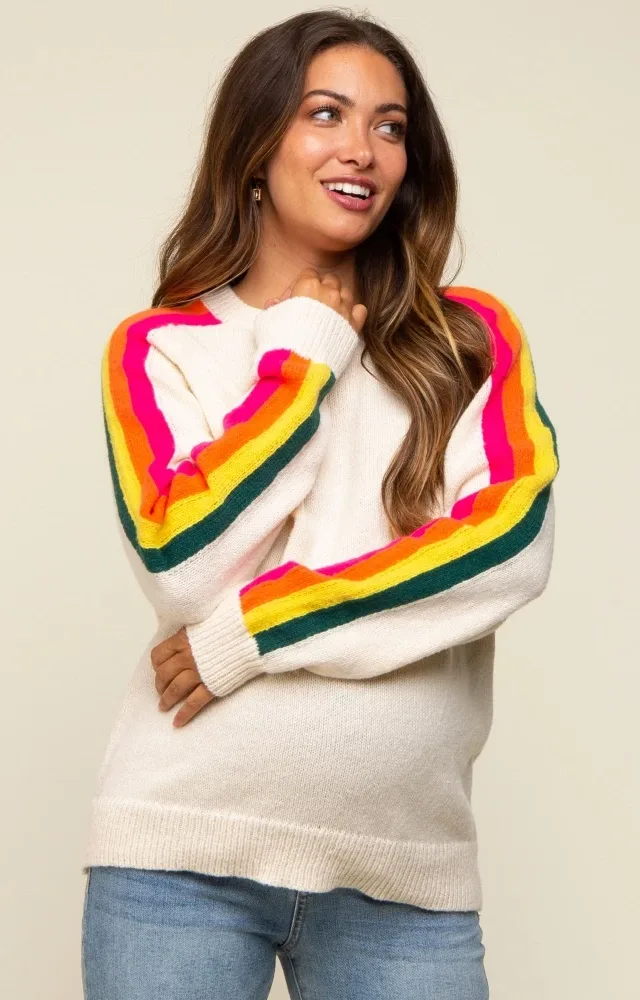 Ivory Multicolor Striped Sleeve Maternity Sweater