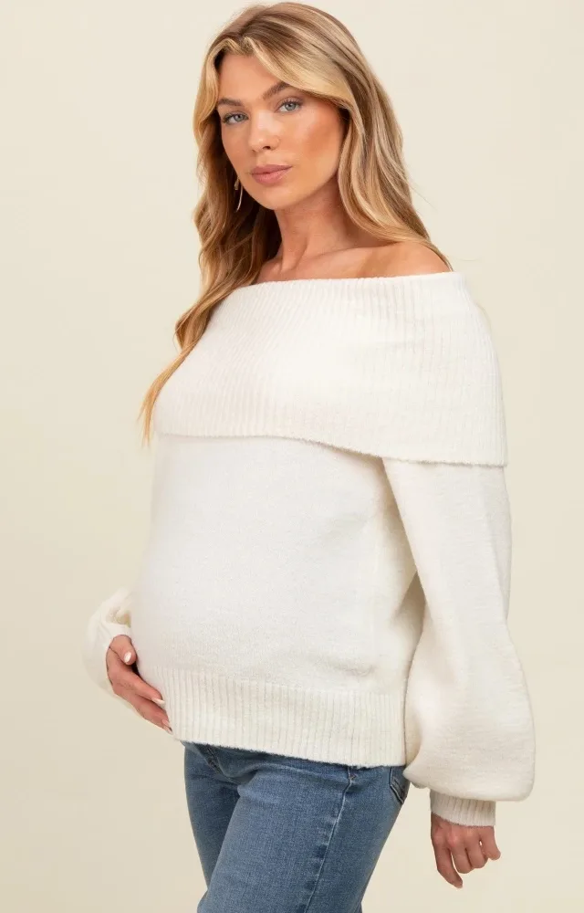 Ivory Off Shoulder Foldover Maternity Sweater