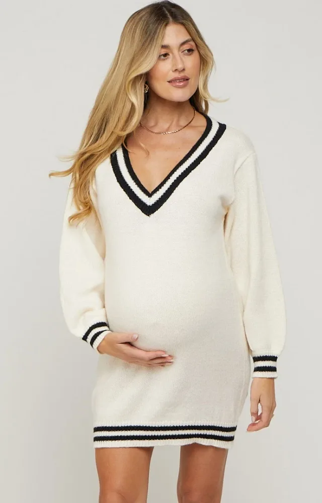 Ivory Oversized Varsity Striped V-Neck Maternity Sweater Dress