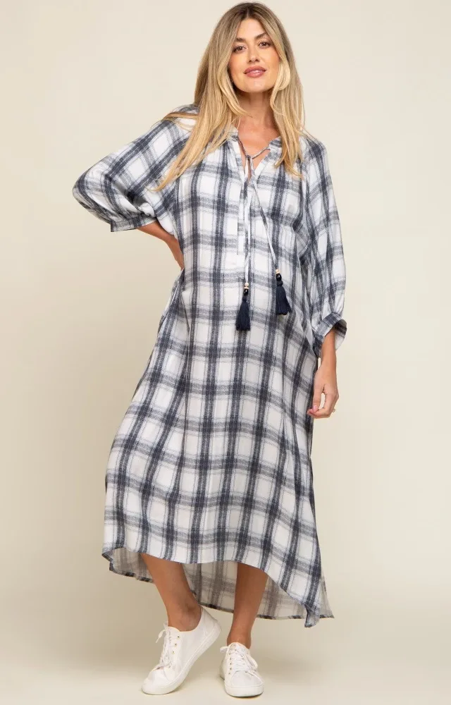 Ivory Plaid 3/4 Sleeve Maternity Midi Dress