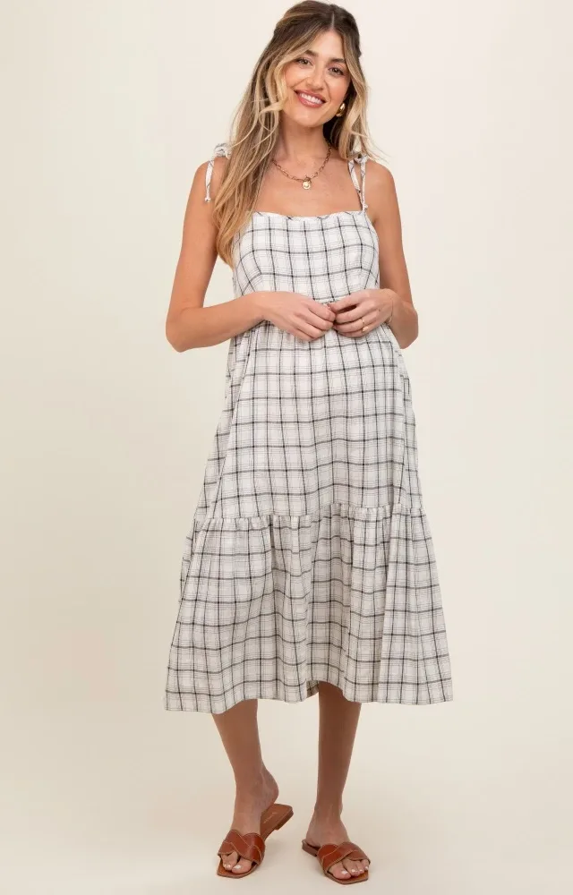 Ivory Plaid Shoulder Tie Maternity Midi Dress