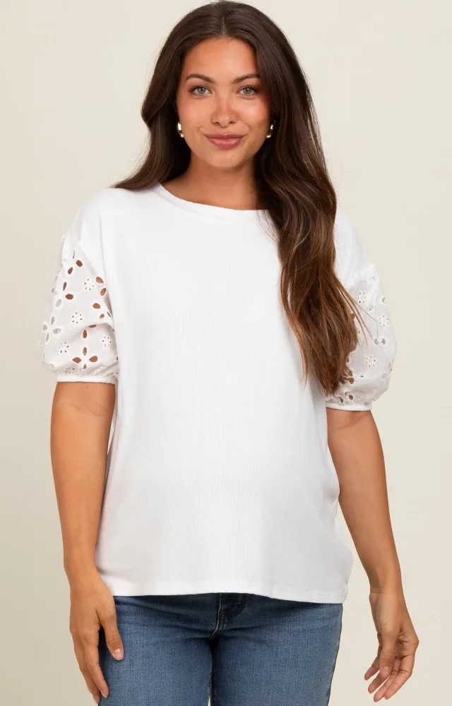 Ivory Short Puff Eyelet Lace Floral Sleeve Maternity Top