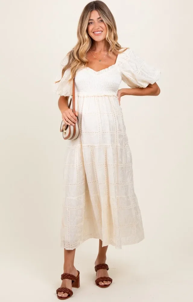 Ivory Smocked Puff Sleeve Maternity Maxi Dress