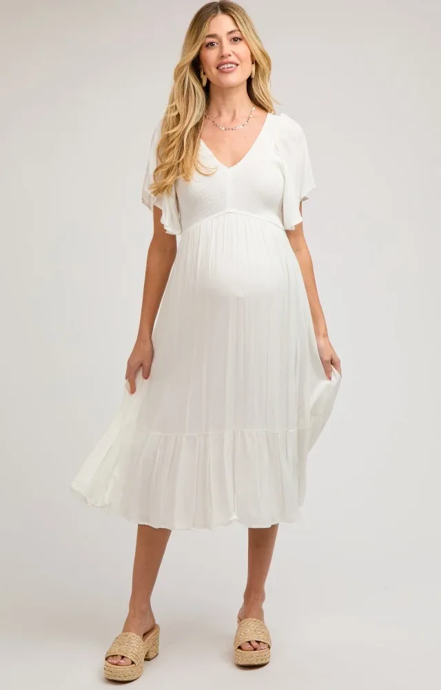 Ivory Smocked Ruffle Maternity Dress