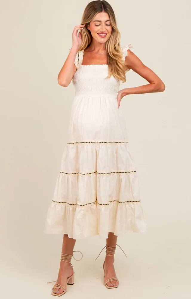 Ivory Smocked Tiered Maternity Maxi Dress