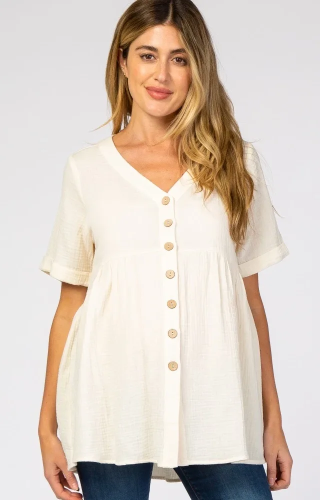 Ivory Soft Linen Button Front Maternity Top