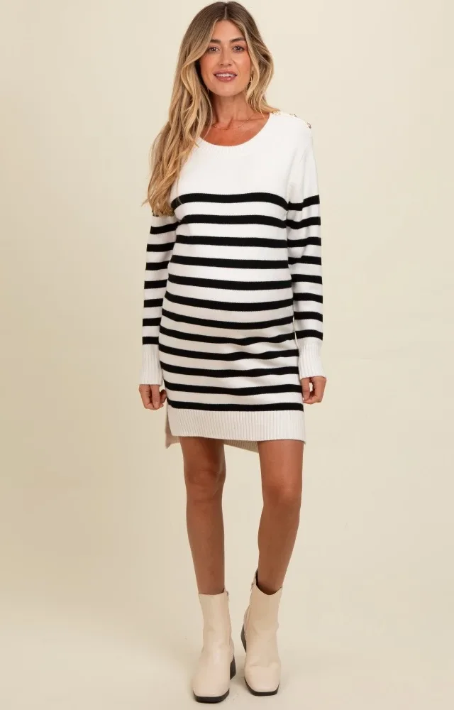 Ivory Striped Basic Maternity Sweater Dress