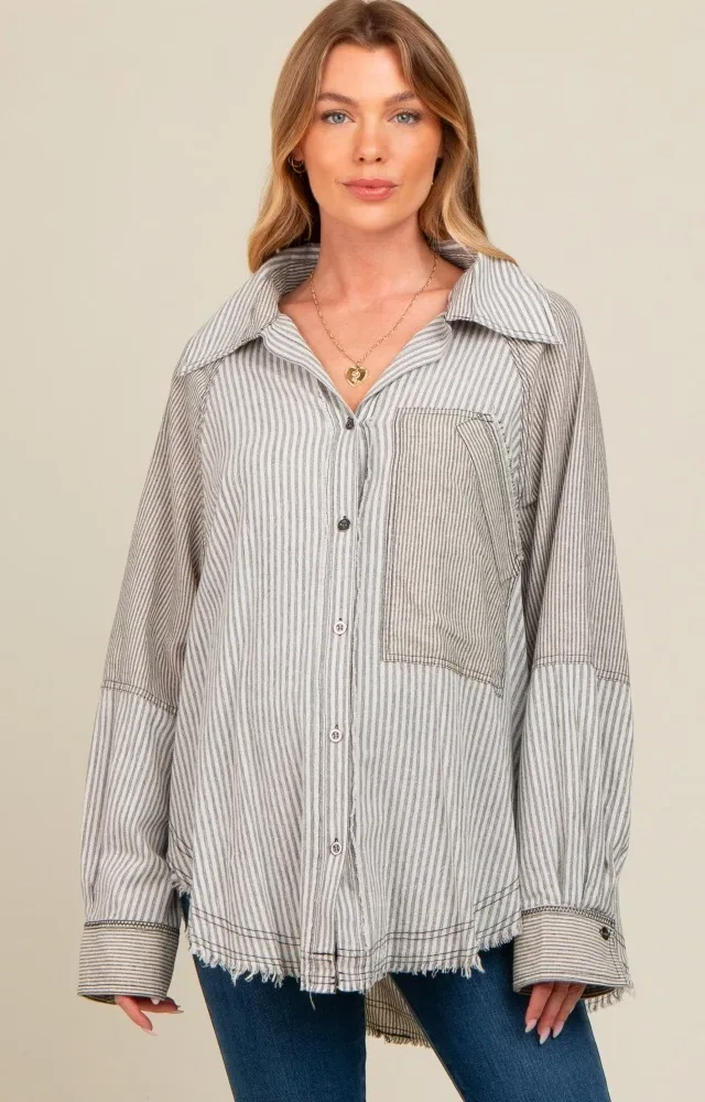 Ivory Striped Button Down Oversized Long Sleeve Maternity Top