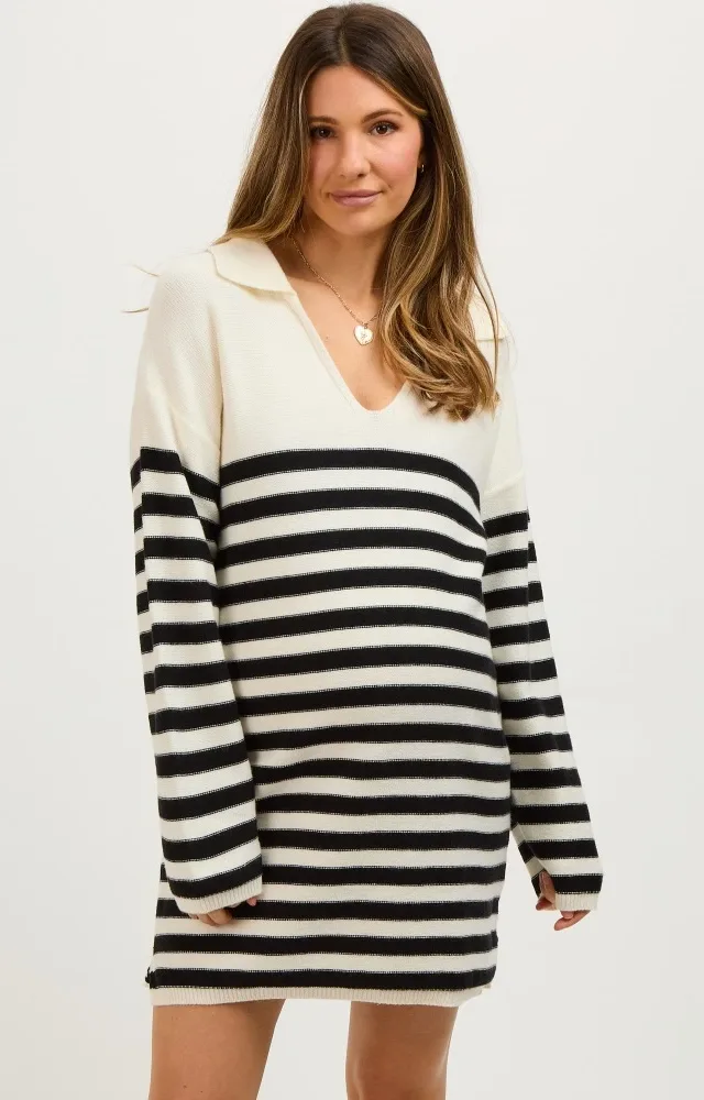 Ivory Striped Collared Long Sleeve Maternity Sweater Dress