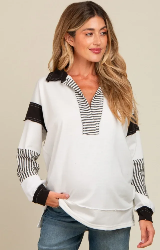 Ivory Striped Colorblock Collared Maternity Pullover Top