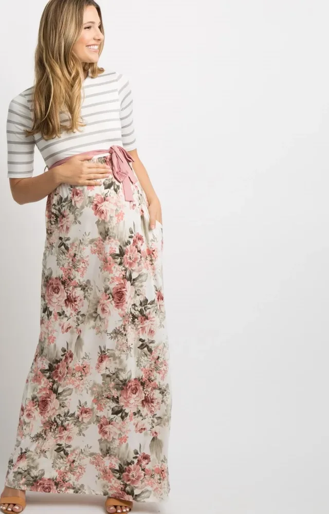 Ivory Striped Floral Maternity Maxi