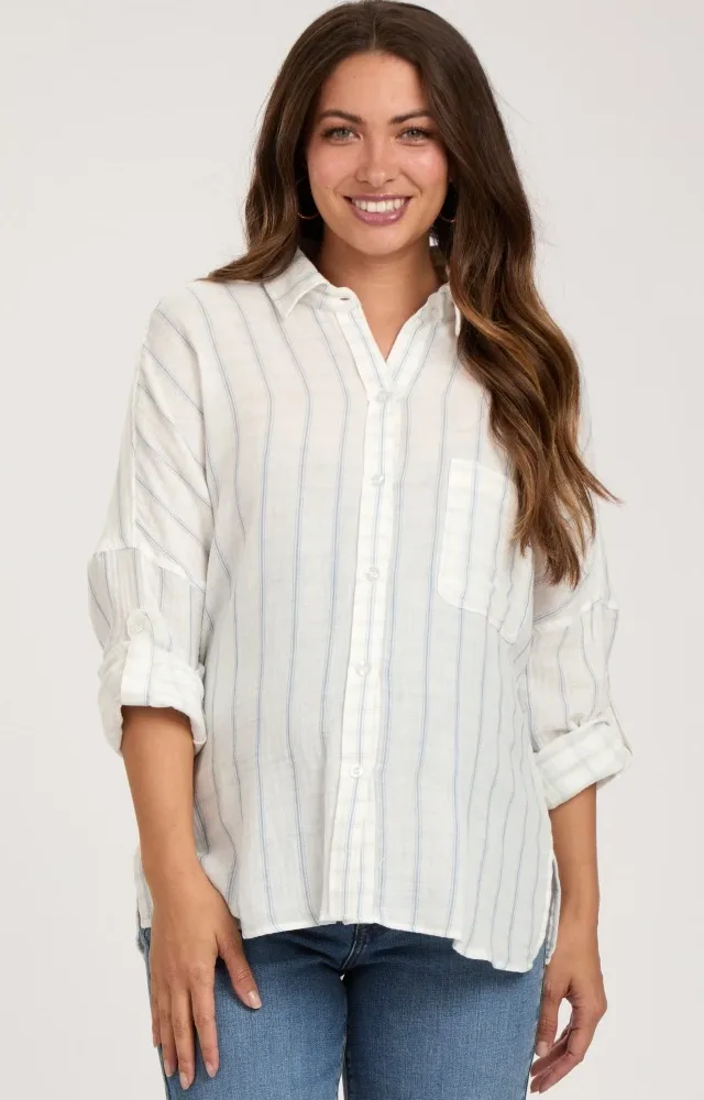 Ivory Striped Gauze Button Down Maternity Top