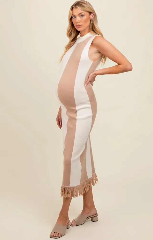 Ivory Striped Knit Fringe Hem Maternity Maxi Dress