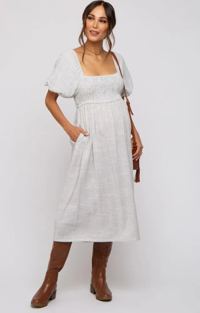 Ivory Striped Linen Smocked Short Puff Sleeve Maternity Midi Dress