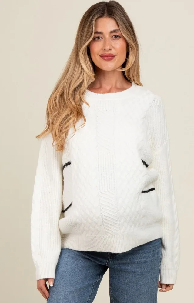 Ivory Striped Mixed Cable Knit Maternity Sweater