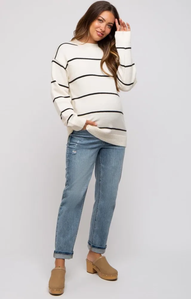 Ivory Striped Mock Neck Maternity Sweater