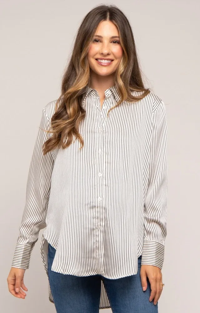 Ivory Striped Satin Maternity Button Up Top