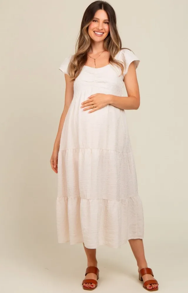 Ivory Textured Sweetheart Neck Short Puff Sleeve Tiered Maternity Midi Dress