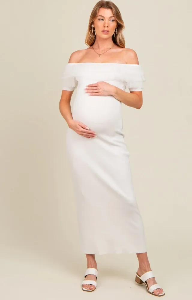 Ivory Tulle Ruffle Off Shoulder Sweater Maternity Midi Dress