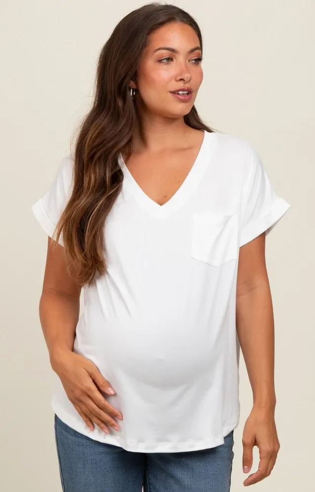 Ivory V-Neck Pocket Short Sleeve Maternity Shirt