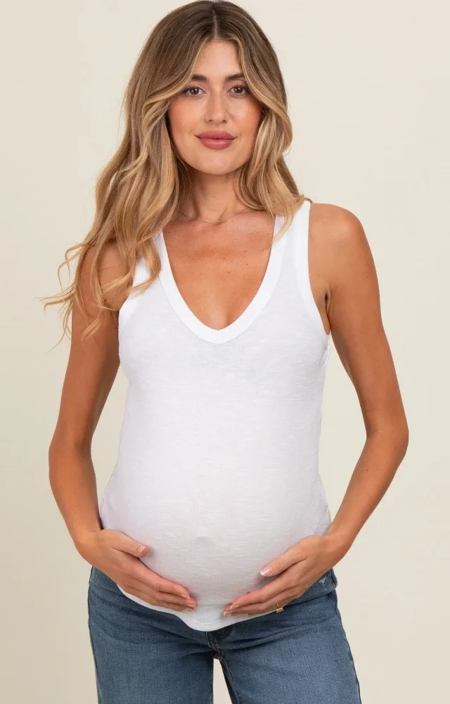 Ivory V-Neck Ribbed Maternity Tank Top