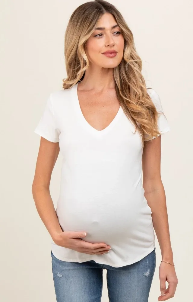 Ivory V-Neck Short Sleeve Maternity Top