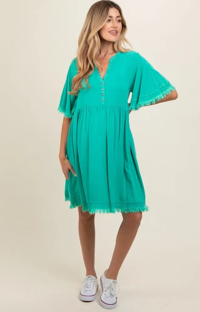 Jade Button Front Frayed Maternity Dress