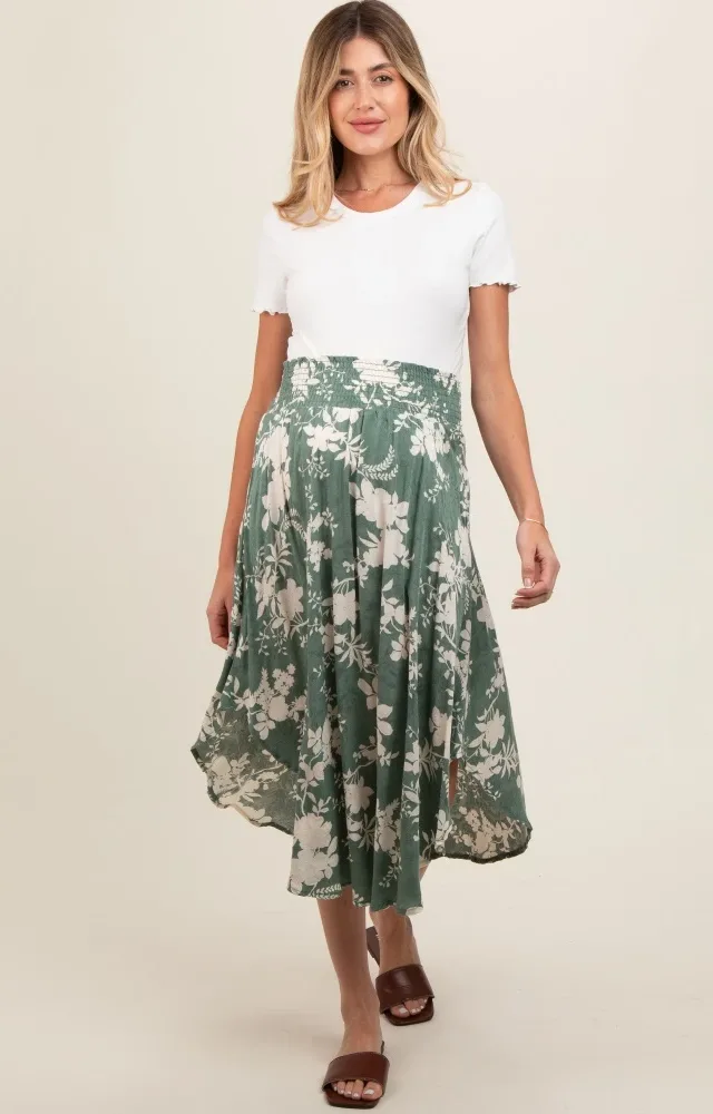 Jade Floral Embroidered Smocked Round Hem Maternity Midi Skirt