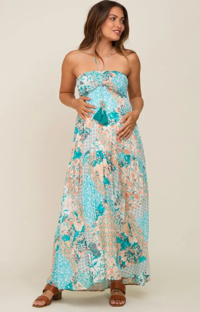 Jade Floral Halter Front Tie Maternity Maxi Dress