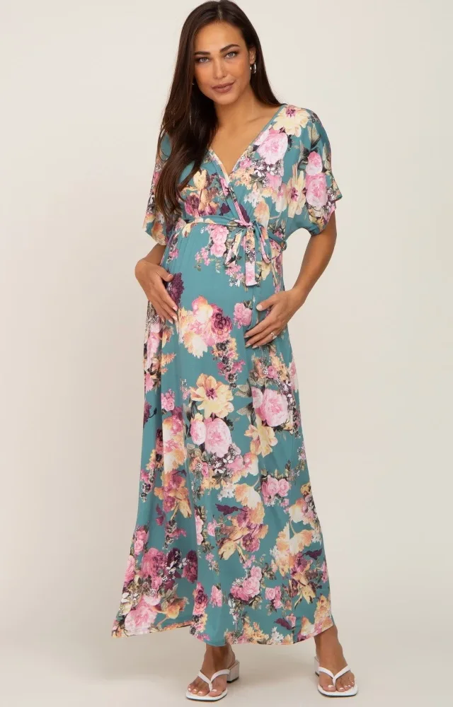 Jade Floral Wrap Front Waist Tie Maternity Maxi Dress