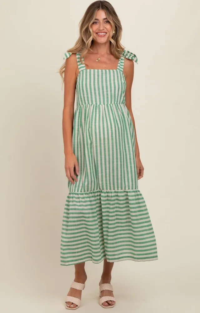 Jade Striped Shoulder Tie Maternity Midi Dress