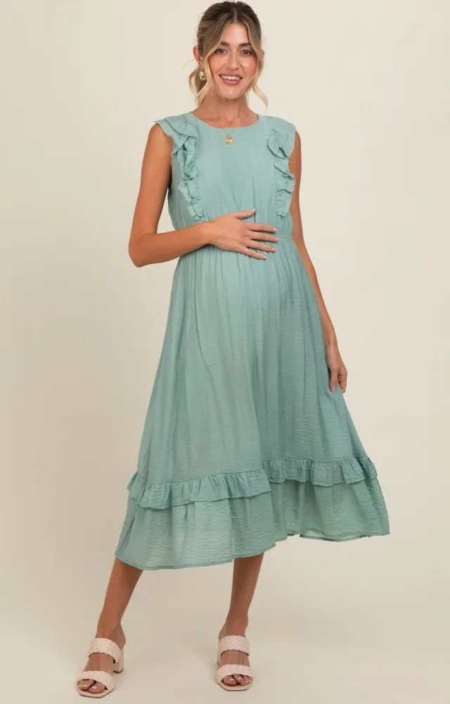 Jade Texture Ruffle Accent Maternity Midi Dress